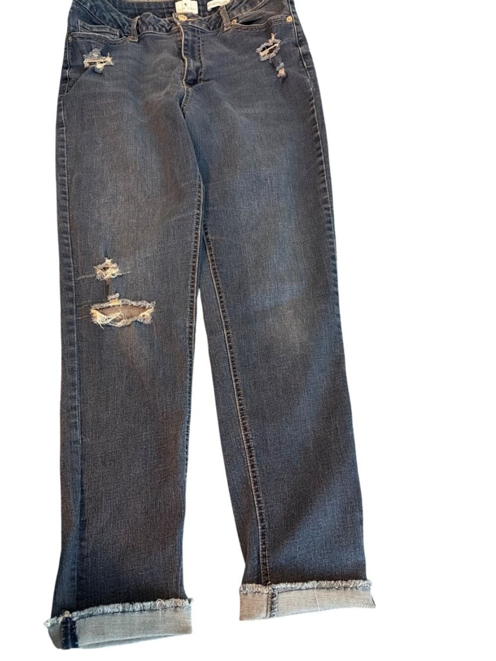 True Craft Womens Patched Roll Cuff Distressed Blue Denim Jeans Raw Hem Sz 12